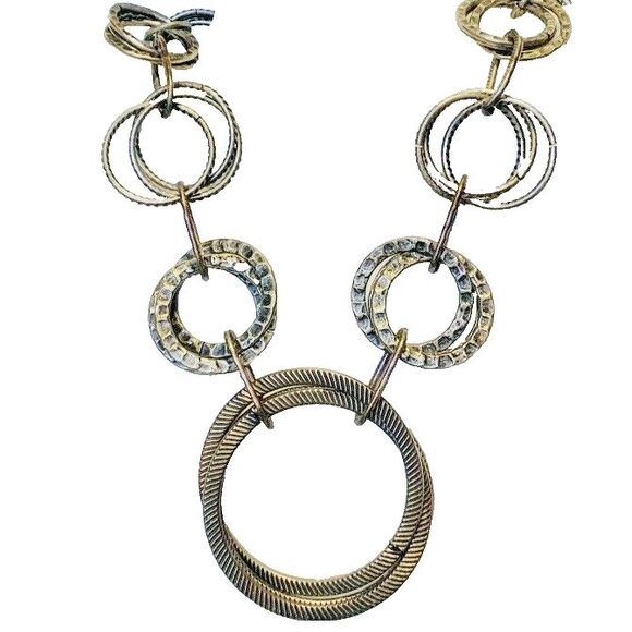 Silver Tone Circle Statement Necklace 26" Gunmetal Chain Link Boho Heavy - Picture 9 of 10